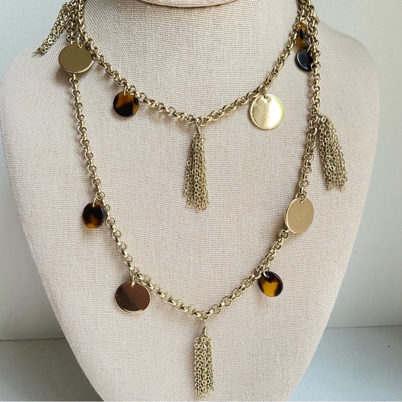 Chico's Jewelry - Chico’s faux tortoiseshell and goldtone disks tassels on single strand necklace